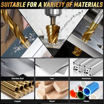 35 PCS Drill Bits Set, 3 Step Drill Bits, 13 Twist Drill Bits, 6 Taps(M3-M10) and 6 Screw Extractors, High Speed Steel Drill Bit Kit Titanium Coated Bits for Plastic Wood Metal, with Storage Bag