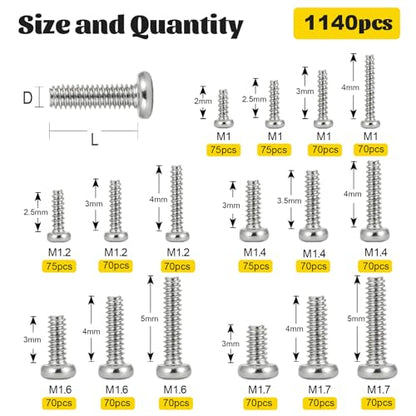 1140pcs M1 M1.2 M1.4 M1.6 M1.7 Micro Mini Pan Head Machine Screws Kit - size: M1M1.2M1.4M1.6M1.7 1140pcs