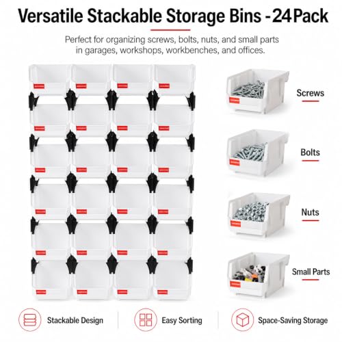 24 Pack Stackable Storage Bins Heavy Duty Parts Organizer Clear - color: Clear-24 Pack, size: 5"x4"x3"