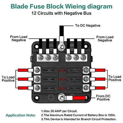 6 Way Fuse Block,12V Blade Fuse 6 Circuit ATC/ATO Waterproof Fuse Box Holder with LED Indicator Waterpoof Cover for 12V/24V Automotive Truck Boat Marine RV Van Vehicle (with 8 pcs Fuse)