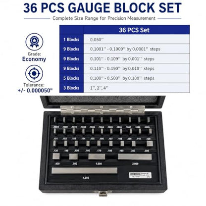 HFS 36 PC Gauge Block Set Economy Grade Calibration NIST-Traceable - size: 36PCS