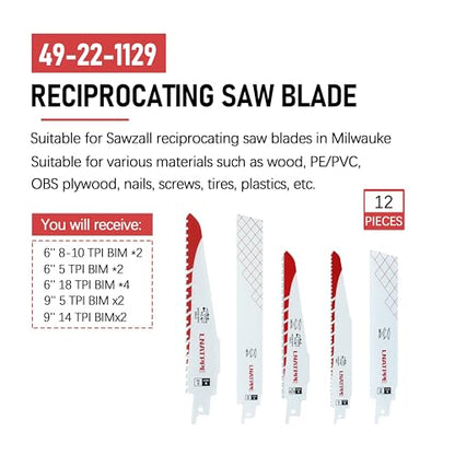 49-22-1129 Reciprocating Saw Blade for Milwauke m-12 Sawzall 12 Pcs