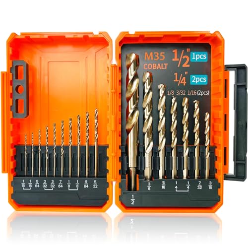 Cobalt Drill Bit Set (1/16-1/2 Inch, 17PCS), M35 High Speed Steel Twist Drill Bits for Stainless Steel, Hard Metal, Cast Iron, Plastic and Wood - size: 1/16-1/2 in (17PCS)