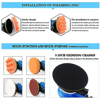 Air Random Orbital Sander 6-inch Dual Action Pneumatic Orbit Orbit Polisher Pro Grinding Sanding Tools Silver - color: Blue / 6"