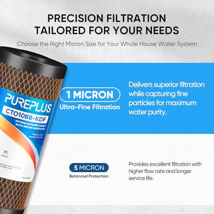 PUREPLUS 1 Micron 10"x4.5" Whole House Water Filter, KDF & Carbon, 1 Pack - size: 1 Count (Pack of 1), style: 1 Micron