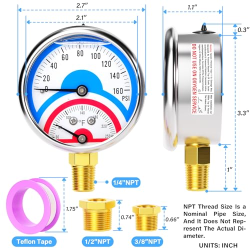 MEANLIN MEASURE 0-160Psi Stainless Steel Thermal Pressure Gauge 30-250℉ 1/4" NPT 2.5" FACE DIAL Liquid Filled Pressure Gauge, with 1/2" NPT and 3/8" NPT Hex Bushing, Lower Mount - size: Lower Mount, style: Liquid Filled