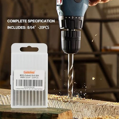 Luckyway 5/64" Cobalt Drill Bit (20 Pcs), Jobber Length Twist Drill Bit Set for Hard Metal, Stainless Steel, Cast Iron, Wood and Plastic, with Storage Case - style: 5/64" (20Pcs) Cobalt Drill Bits