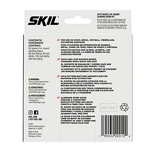 SKIL 20-Piece Mixed 5 in. 60/80/120/240 Grits Round Sanding Paper Kit for SKIL Sanders SR211601/SR6604B-10/SR660302 - CDA9003 - size: 5 inches, style: Orbital Sanding Paper (20pc)