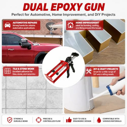 Epoxy Gun Dual Cartridge 200 ml / 215 ml (1:1 & 2:1), Manual 2 Part Epoxy Gun for Panel Bonding, Structural, Fillers, Plastic Repair, Red