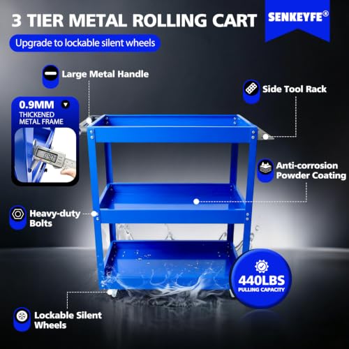 3-Tier Thickened Metal Cart w/Lockable Silent Wheels 440LBS