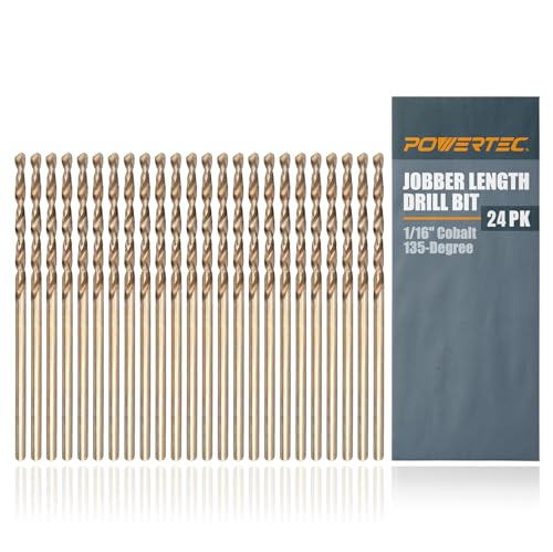 POWERTEC 1/16" Cobalt Drill Bits - 24 Pack - 1-3/4" Length - M35 HSS Jobber Length Twist Bits with 135° Tip for Drilling Wood, Metal, Stainless Steel, Nickel Alloy, Cast Iron & Plastic (QDB2013-P2) - style: 24PK 1/16" Cobalt Drill Bit (1-3/4" L)