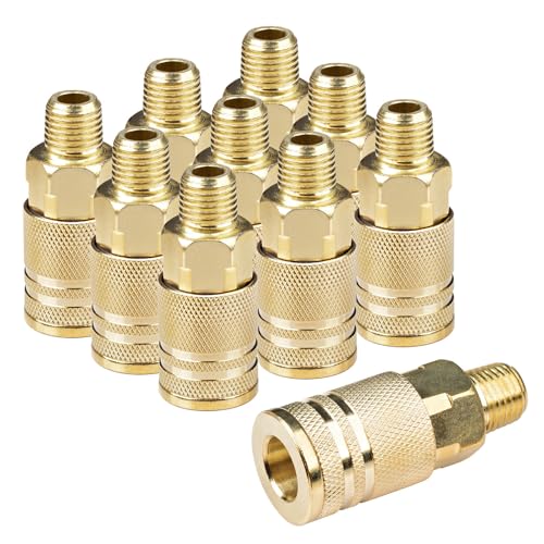10 Pieces Male Air Coupler Set, 1/4-Inch NPT Thread Quick Connect, Industrial M Style Air Coupler with Brass Finish for Quickly and Safely Disconnect Air Hose