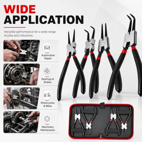 4PC 7" Snap Ring Pliers Set, Internal/External Circlip Pliers Kit with Straight+Bent Jaw Tips, Heavy Duty C Clamp Pliers for Automotive Tools