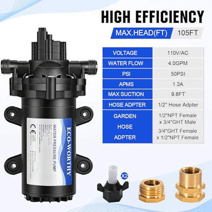 ECO-WORTHY 33-Series Industrial Water Pressure Pump 110V AC 4.0GPM 50PSI RV Fresh Water Diaphragm Pump include Garden Hose Adapters for Irrigation Marine Boat Sprinkler Faucet - color: Black 5