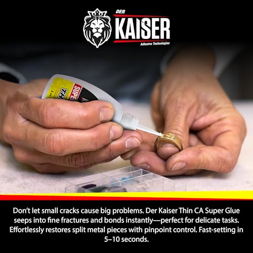 Der Kaiser Thin CA Super Glue (2 oz) – Industrial Grade Cyanoacrylate – 5-10 Sec Cure – Pro Kit with Microtips & Applicators – Wood, Plastic, Metal, Hobby Models, Woodworking, DIY – 2,500-3,500 PSI - size: 2 oz