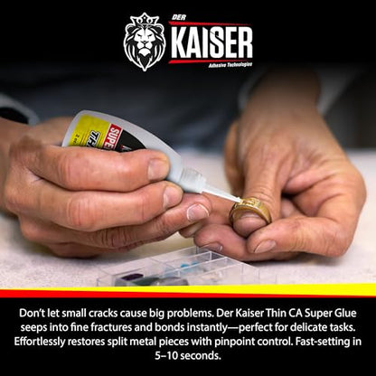 Der Kaiser Thin CA Super Glue (2 oz) – Industrial Grade Cyanoacrylate – 5-10 Sec Cure – Pro Kit with Microtips & Applicators – Wood, Plastic, Metal, Hobby Models, Woodworking, DIY – 2,500-3,500 PSI - size: 2 oz