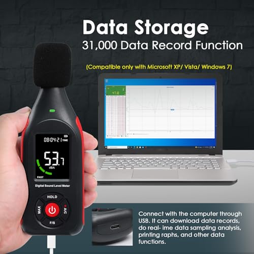 Decibel Meter Data Logger Sound Level Meter with 3-Color Display and Alarm