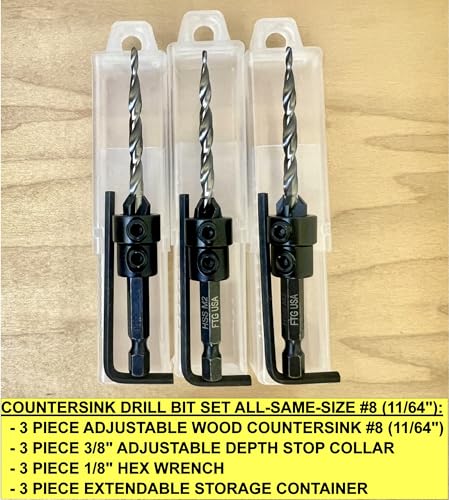 FTG USA 3 Pc #8 (11/64") Countersink Drill Bit Set with Tapered Drill Bits - size: #8, style: Same Sort 3 Pc