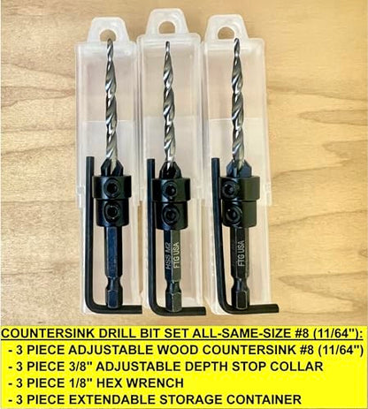 FTG USA 3 Pc #8 (11/64") Countersink Drill Bit Set with Tapered Drill Bits - size: #8, style: Same Sort 3 Pc