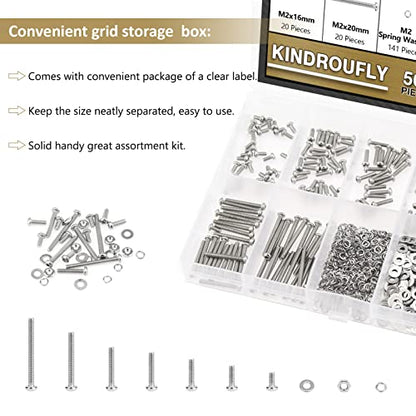 562 Pieces M2 x 4/6 /8/10 /12/16 /20mm Button Head Socket Cap Screws Nuts Washers Assortment Kit, 304 Stainless Steel, Fully Machine Thread - size: M2, style: Button Head