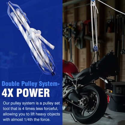 Double Block and Tackle Pulley System with 200Ft x 1/2'' Rope Pulley 7700 LB(35KN) Breaking Strength, 4:1 Lifting Power Sheave Pulley Hoist System for Garage, Attic Heavy Lifting - size: 1/2'' x 200ft