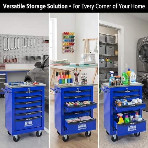 Rolling Tool Chest,Stainless Steel Worktop,Blue,6‑Drawer - color: Blue, size: 6-Drawers