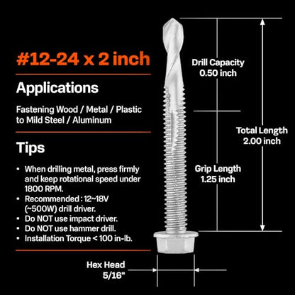 SUNKIN 150PCs Self Tapping Screws for Metal, Hex Head #12 x 2 Inch, Self Drilling for Thick Steel, Less Effort Installation, Long Lasting Anti Rust Coating - size: #12 x 2 inch(150pcs)