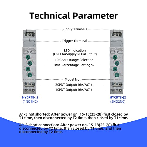 CNAODUN Asymmetric Cycle Time Relay HYCRT8-J2 0.1s-10days AC/DC 24-240V 2 Outputs Cycle Time Delay Relay DIN Rail Mount Type - size: HYCRT8-J2,Cycle Delay Dual Outputs