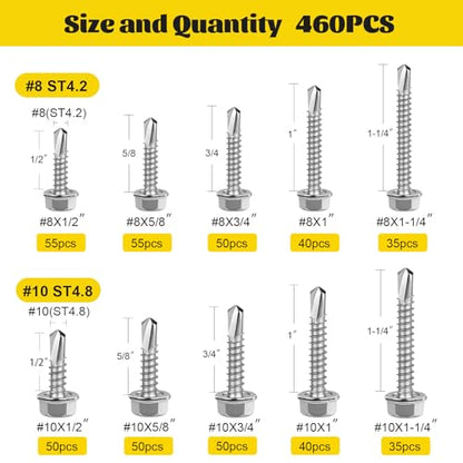 460Pcs #8#10 Hex Washer Head Self Tapping Sheet Metal Screws Kit - size: 460pcs #8#10 Silver