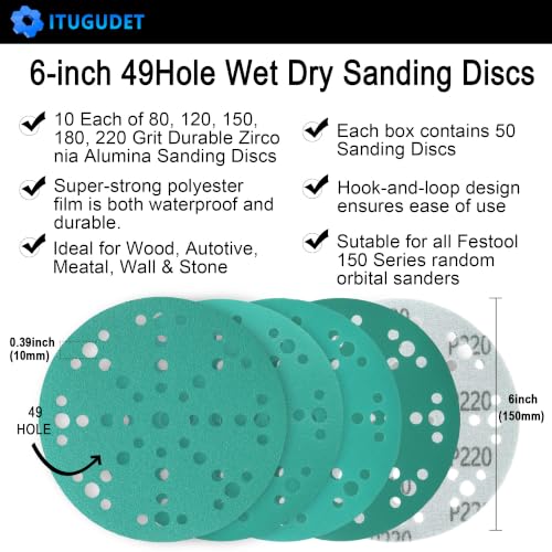 6 Inch 49 Hole Wet Dry Sanding Discs -P80-220 Assortment - 50 Pack - color: Mixed Grit, size: 6 Inch 49 Hole