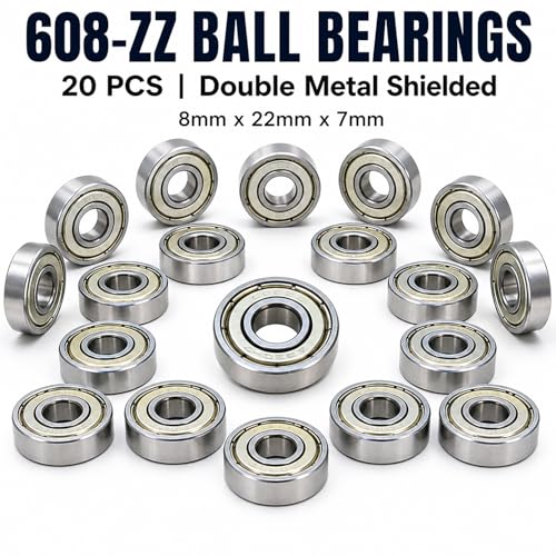 608-ZZ Ball Bearings, 20 PCS Double Metal Sealed Shielded Miniature Deep Groove Ball Bearings, for Skateboards, Roller Skates, and ect (8mm x 22mm x 7mm)