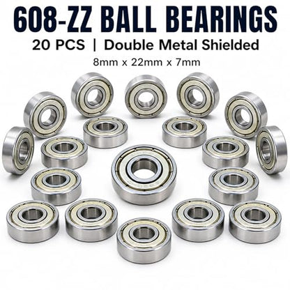 608-ZZ Ball Bearings, 20 PCS Double Metal Sealed Shielded Miniature Deep Groove Ball Bearings, for Skateboards, Roller Skates, and ect (8mm x 22mm x 7mm)