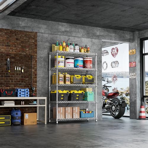 IZEUK 1750LBS Garage Shelving Wide Storage Shelves 5 Tier Metal Shelves Heavy Duty Adjustable Utility Shelf Rack (Chrome, 5 Tier, 15.7" D x 45.3" W x 70.9" H) - color: Chrome, size: 5 Tier, 15.7" D x 45.3" W x 70.9" H