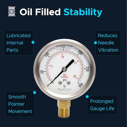 2-1/2" Oil Filled Pressure Gauge, Stainless Steel Case, 0-300 PSI, 1/4" NPT - size: [0-300 PSI]