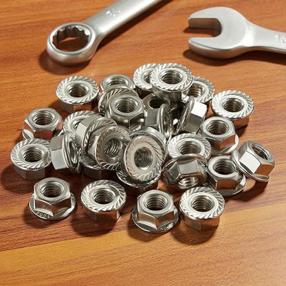 M6x1mm Metric Serrated Hex Flange Nuts, 304 Stainless Steel (A2-70), DIN 6923, Bright Finish, 50PCS - color: Silver, size: Silver M6 x 1mm