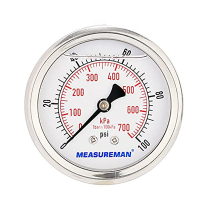 MEASUREMAN 2-1/2inch Dial Size, Glycerin Filled Pressure Gauge, 0-100psi/kpa, 304 Stainless Steel Case, 1/4 Inch NPT Center Back Mount - size: 0-100 psi, style: Back Mount