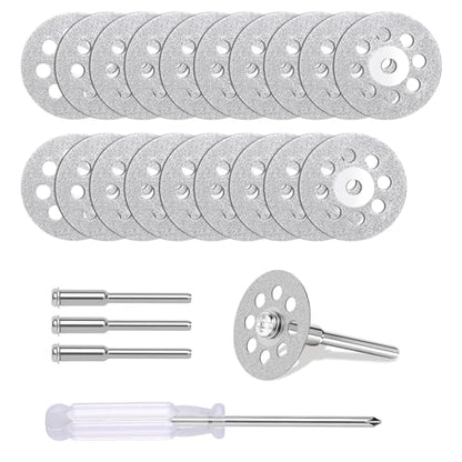 20 PCS Professional 545 Diamond Cutting Discs，Diamond Cutting Wheel Kit for Dremel Rotary Tools | 22mm Blades + 4 Mandrels & Screwdriver