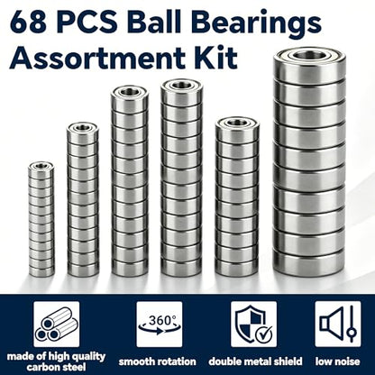 68 Pcs Ball Bearings Assortment Kit 693ZZ/ 623ZZ/ 624ZZ/ 685ZZ/ 687ZZ/ 627ZZ Roller Bearings, Small Bearings Carbon Steel Deep Groove Bearing, for Furniture Wheel, Roller Skates, 3D Printing