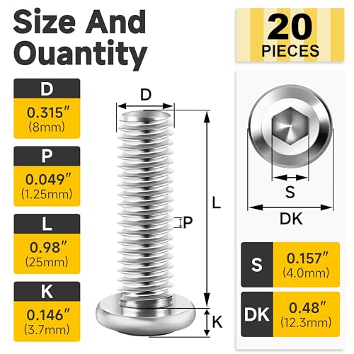 Mywish M8 x 25mm 20Pcs Flat Head Hex Socket Cap Screws Bolts, 304 Stainless Steel Furniture Bolts Full Thread, Bright Finish & Hex Spanner - color: Silver-M8, size: 25mm