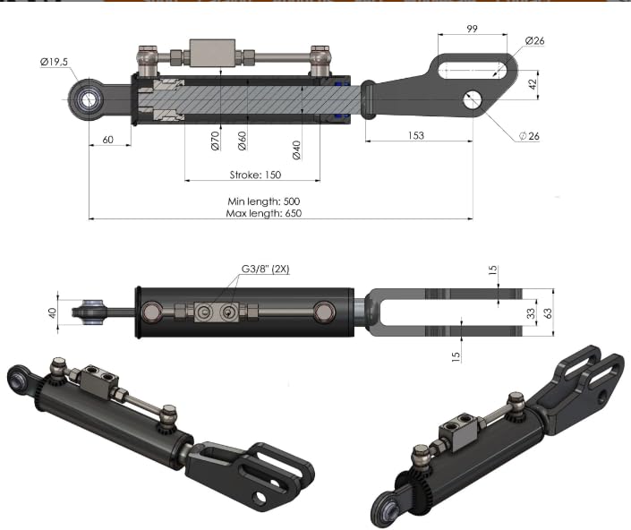 Spare Parts Holland - Hydraulic Side Link Cylinder - Min. 19-11/16" Max. 25-5/8" - size: Min-Max: 19-11/16" , 25-5/8"