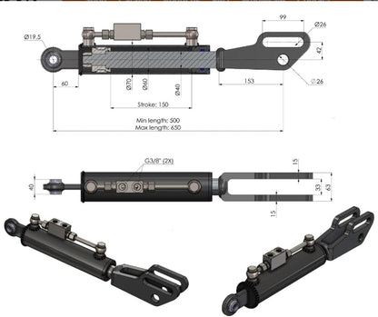 Spare Parts Holland - Hydraulic Side Link Cylinder - Min. 19-11/16" Max. 25-5/8" - size: Min-Max: 19-11/16" , 25-5/8"
