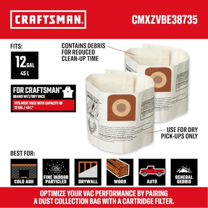 CRAFTSMAN CMXZVBE38735 Genuine 12-Gal. Wet Dry Vac Dust Collection Bags - style: 12 Gallon Fine Dust