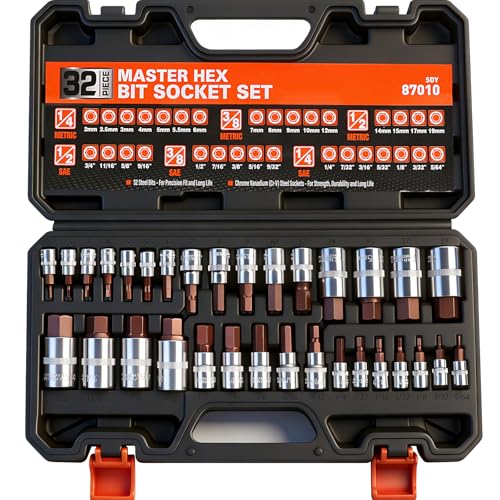 High Torque Master Hex Bit Socket Set, 32-Piece SAE & Metric Allen Socket Set, Premium S2 Alloy Steel, Durable Storage Case, 1/4", 3/8", 1/2" Drive, for Automotive & Mechanical Work - color: 32 Pcs 1/4"-1/2" Orange