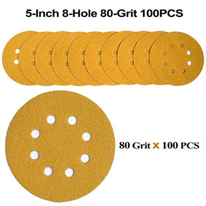 5-Inch 8-Hole Hook and Loop Sanding Discs 80-Grit, 100-Pack