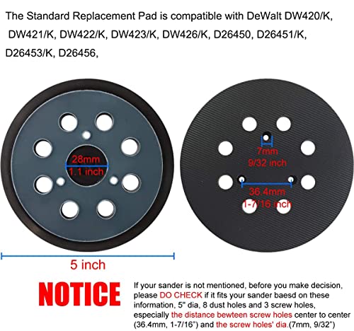 5 inch 8 Hole Hook and Loop Replacement Sander Pad for DeWalt DW420, DW421, Dw423, DW426, D26451, D26453 Orbital Sander - size: 5 inches