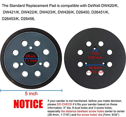 5 inch 8 Hole Hook and Loop Replacement Sander Pad for DeWalt DW420, DW421, Dw423, DW426, D26451, D26453 Orbital Sander - size: 5 inches