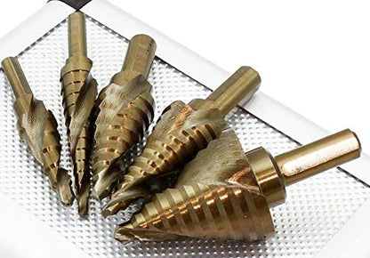 XtremepowerUS Industrial 5pc Cobalt Uni Step Bits 1/4", 3/8" Shank Spiral Flute Drill Bit Set Split Point SAE w/Case - size: 5 Pieces Cobalt Set