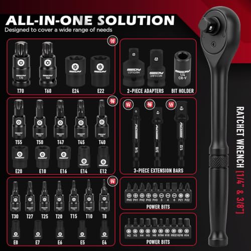 54-Piece Master Torx Bit Socket Set, T8-T70 Star Bits and E4-E24 E-Torx Sockets, Ratchet Wrench, 1/4" Bit Holder, S2 Steel Bits, CR-V Sockets, Extension Bars and Adapters for Auto Repair - style: 54-Piece Master Torx Socket Set（New Version）