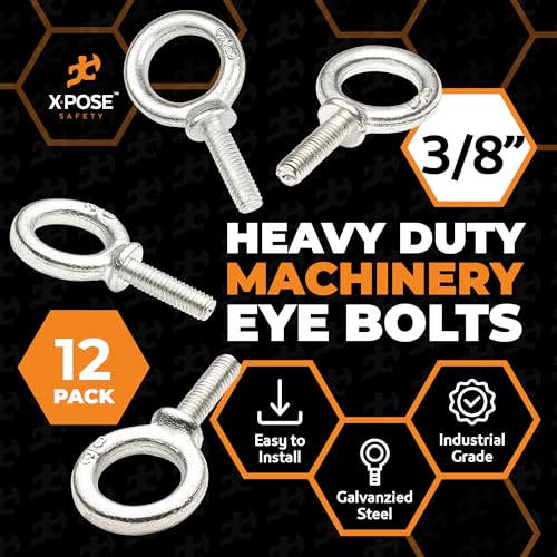 Xpose Safety Shoulder Eye Bolt 3/8"-16 x 1-14" - Industrial Strength Threaded Lifting Eye Bolt Screw for Machinery, Hoist, Anchor, Towing & More - 3/8" Eye Bolts Heavy Duty Galvanized Steel 12 Pack