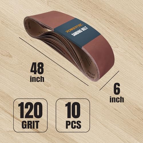 POWERTEC 6 x 48 Inch Sanding Belts, 120 Grit Aluminum Oxide Belt Sander Sanding Belt for Bench Belt Sander, Wood & Paint Sanding, Metal Polishing, 10PK (110210) - size: 120 Grit, 10PK